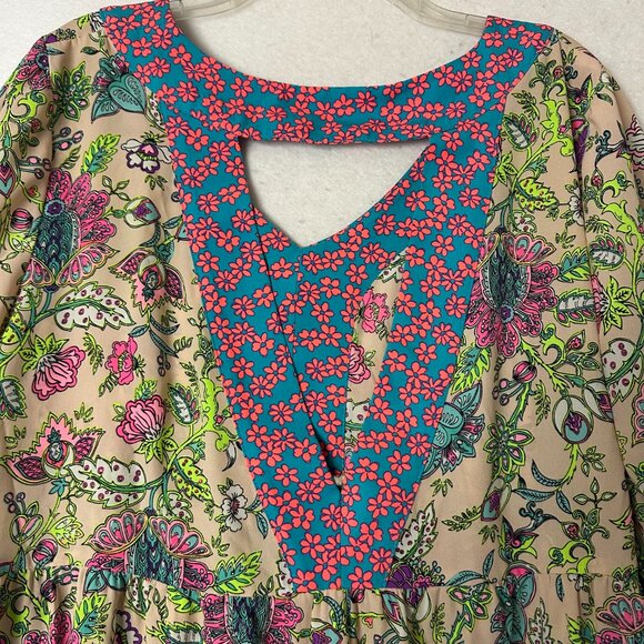 Uncle Frank dress sz XL multicolored bright flared sleeve deep back V floral - Picture 6 of 7